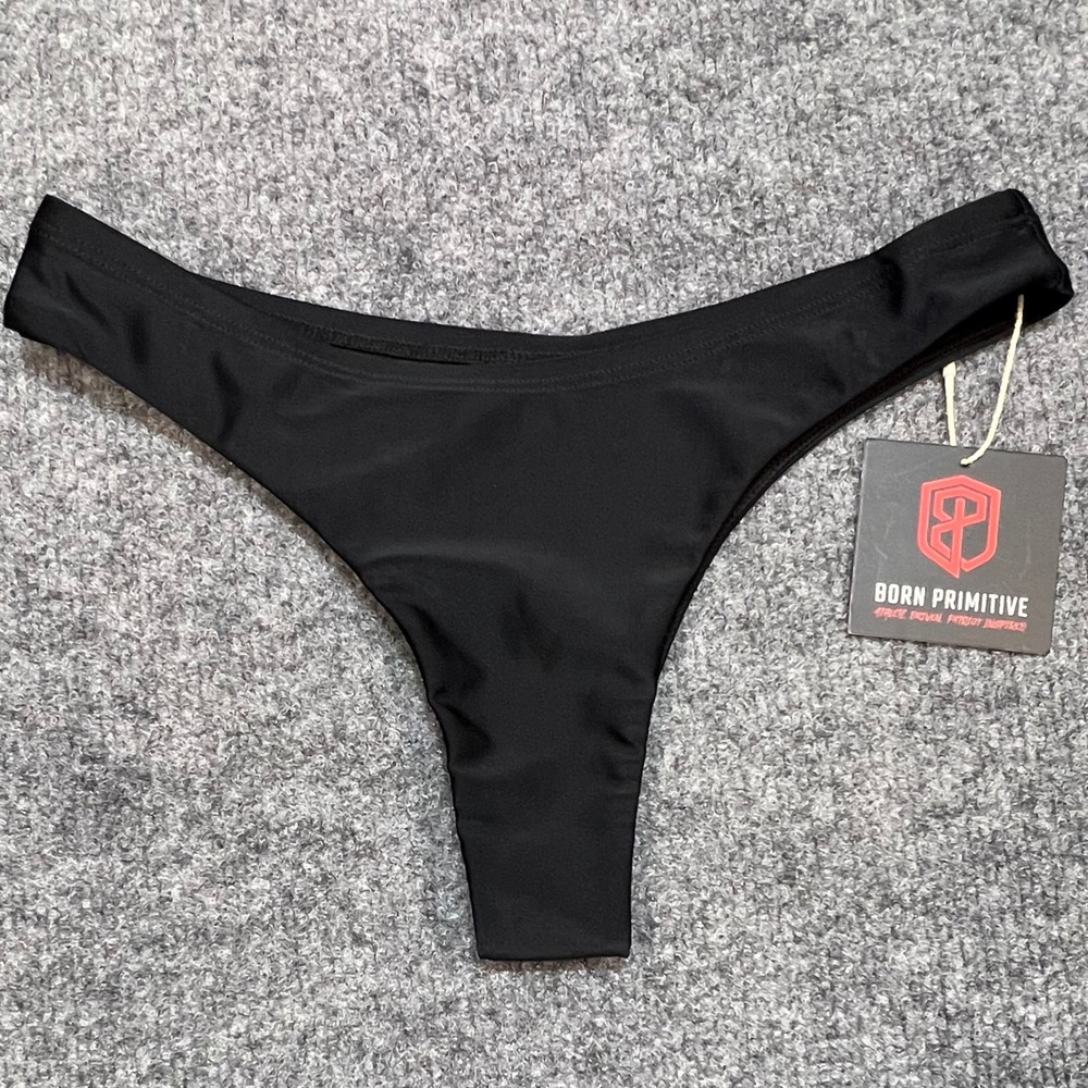 NWT Born Primitive Sun Seeker Cheeky Thong Women XS Black Swim Bikini Bottoms